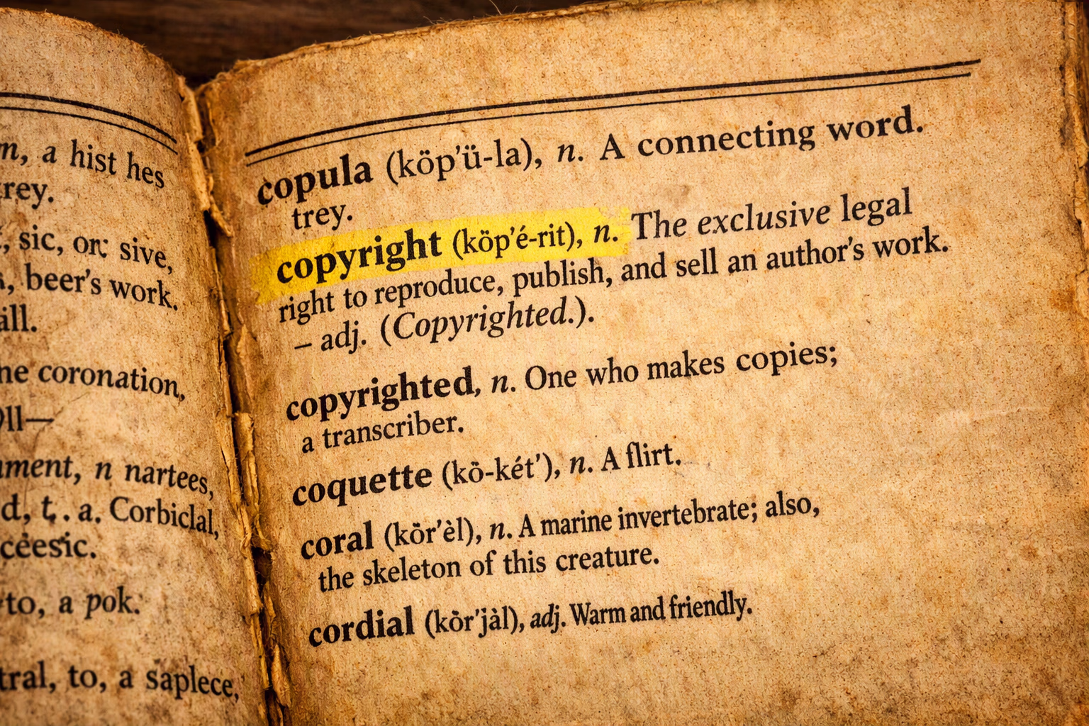 A symbolic, AI created image of the word copyright appearing in an old dictionary to represent photography licensing and usage rights.