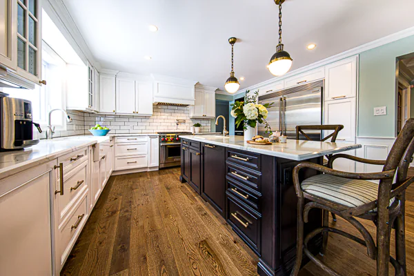 A picture of a renovated kitchen.   Interior design photo by Jeffrey Meyer.