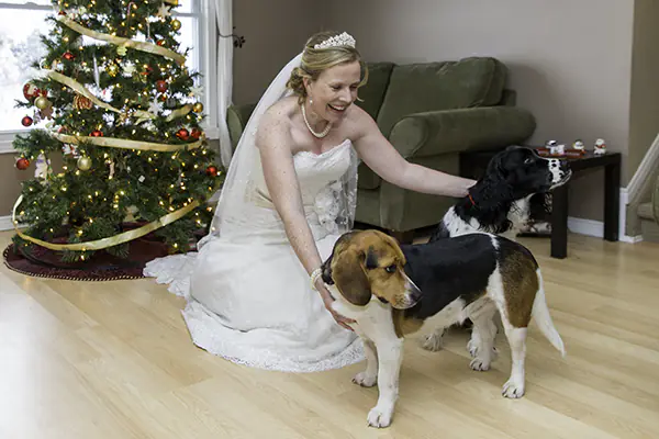 Jodi plays with her dogs  before attending her wedding ceremony