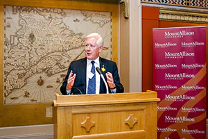 The Honourable Bob Rae offers a Keynote Speech for a Mount Allison University Award Recipient.   Event photo by Jeffrey Meyer.
