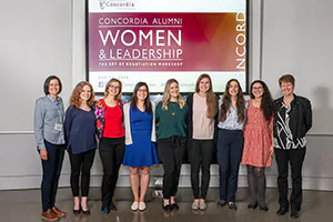 Concordia Alumni gather to for a group picture during their Women & Leadership Workshop on the Art of Negotiation.  Photo by Jeffrey Meyer.
